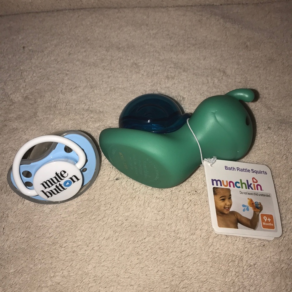 Mute button pacifier and squirt bath rattle new